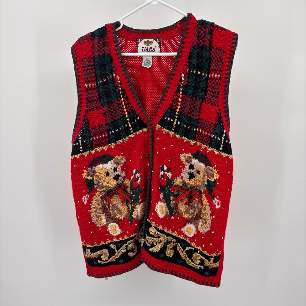 Tiara International Christmas Sweater Vest Women‎ L Red EUC Beaded Teddy Bear